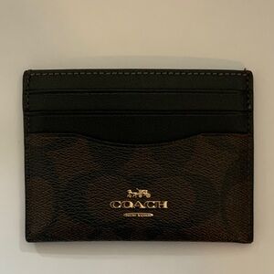 Coach Black Leather & Brown Signature Card Holder with Gold Logo